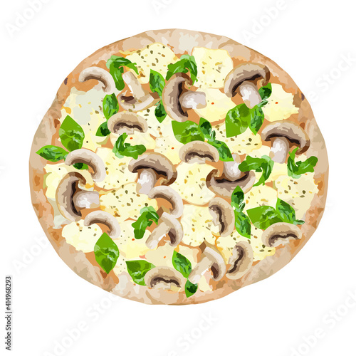 Pizza with mushrooms and mozzarella cheese. Vector clipart.