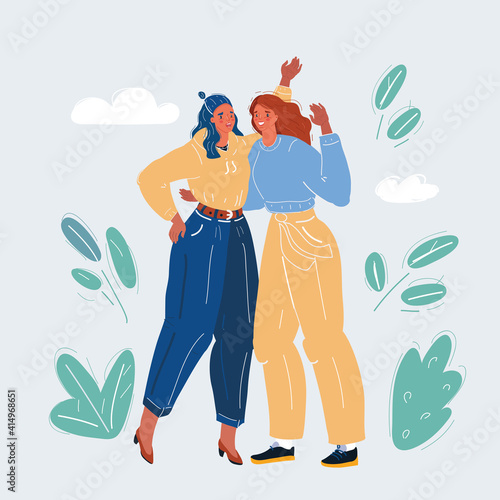 Vector illustration of Two friends having fun. Two woman get together to hug.