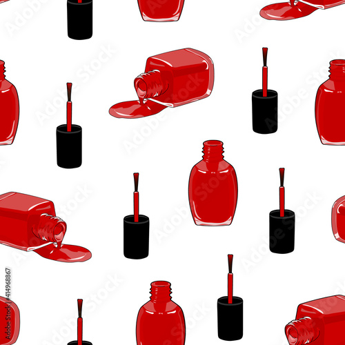 Seamless pattern red nail polish, an open bottle, brush. Hand drawing. white background. Nail polish wallpaper.