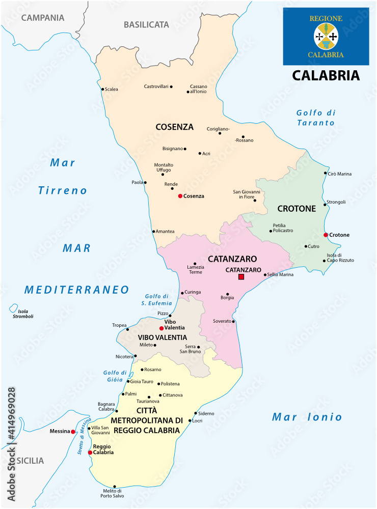 Vector administrative map of Calabria with flag in Italian language