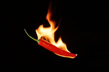 Papier peint photo Piments forts Piment rouge enflammé sur noir  © winai