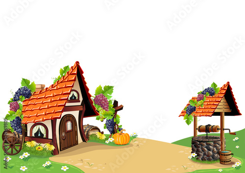 A fabulous house with an orange roof in the village, near the house there is a stone well. Beautiful fairy tale background isolated on white background. Vector illustration in cartoon style.
