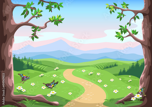 Fairytale background with trees, butterflies, flower meadow, mountains and pink-blue sky in cartoon style. Vector illustration.