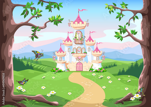 Fairy tale background with princess castle in the forest. Castle with pink flags, precious hearts, roofs, towers and gates in a beautiful landscape. Vector illustration for a fairy tale.
