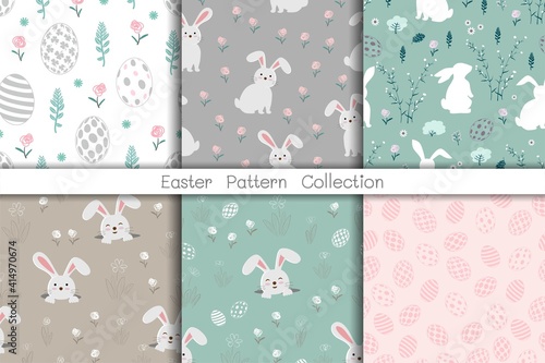 Set of cute cartoon characters of bunnies and Easter eggs seamless pattern