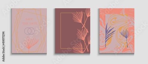 Abstract Elegant Vector Covers Set. Tie-Dye, Tropical Leaves Posters.