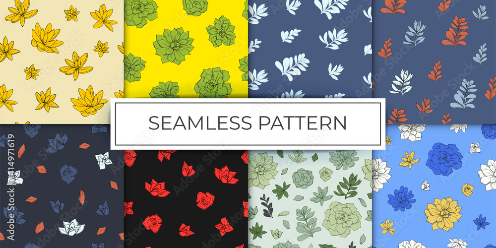 collection of seamless pattern flowers succulents graphic sketch hand drawn multicolor collection of seamless pattern flowers succulents graphic sketch hand drawn multicolor