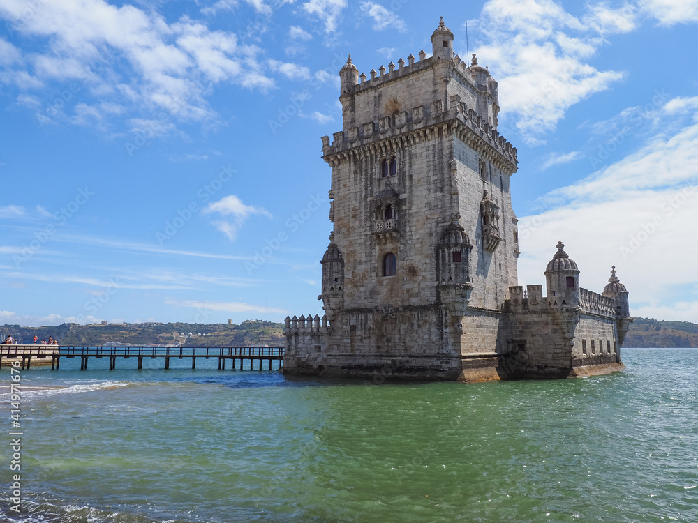 Beautiful landscape. Belém Tower or Torre de Belém. Ancient, historic fortified quarter of Portuguese Manueline style on the northern bank of the Tagus river in Lisbon. Capital of Portugal.