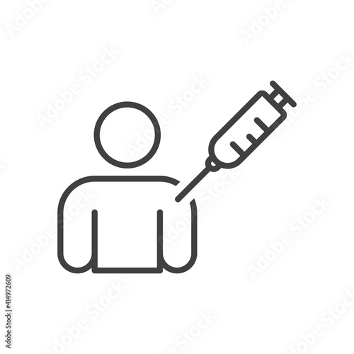 Human vaccination icon against coronavirus. A simple image of a man and a syringe. A prick in the arm. Simple isolated image, linear vector on a pure white background.