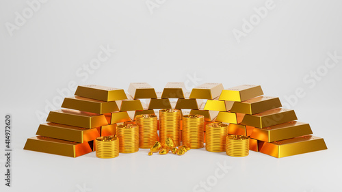 gold bars, gold coins  isolated white background,3d rendering banking