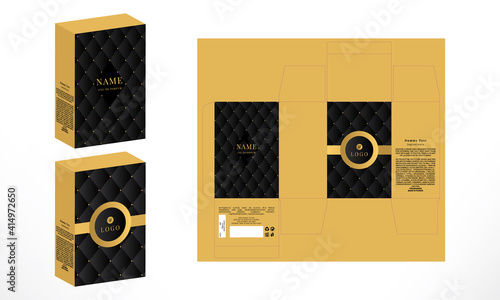 Perfume Packaging Box Design, Luxury Box die line, 3d Box Mockup labels, icon, frames and Design elements, 3d Illustration, Vector design Template.