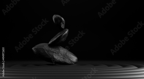 Stone podium product on black background. 3d rendering