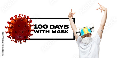 Man in protective face mask on white background. New rules of COVID prevention. Copyspace for ad. Pandemic, healthcare and medicine, coronavirus concept. 100 Days with mask, 3D model or virus