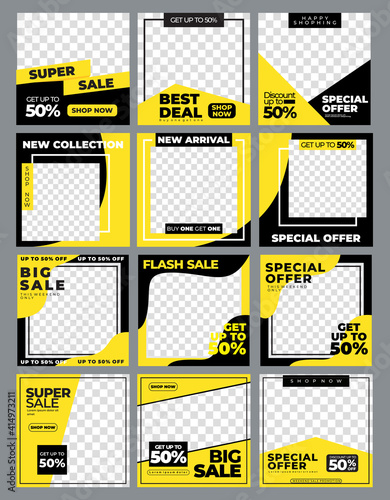 Social Media Puzzle Template Pack for creature your unique content grid, modern social media post feed. Set of editable modern square background template.