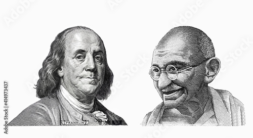 Benjamin Franklin cut on new 100 dollars banknote and Mahatma Gandhi cut on old 10 Indian rupee