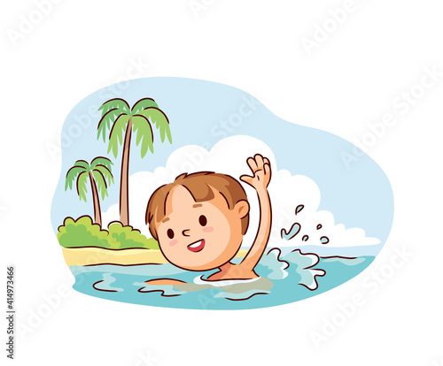Joyful child enjoying summer vacation on the seaside. Boy swimming in blue water in tropical sea with palm trees on background.Tourism, rest in tropical resort. Little swimmer - crawl swimming, waving