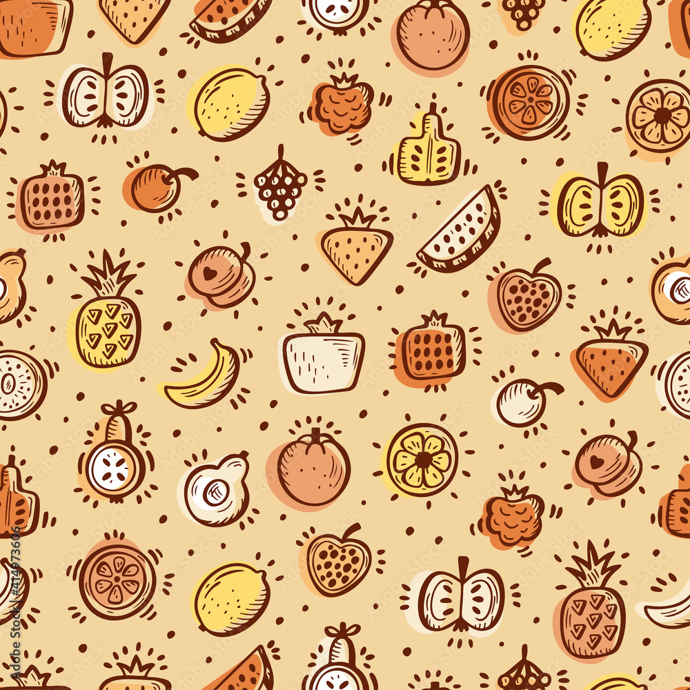 Food background. Doodle Fruits and Berries Seamless pattern. Vector illustration
Food background. Doodle Fruits and Berries Seamless pattern. Vector illustration