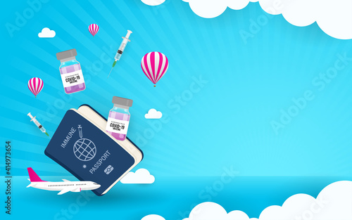 Covid-19 Immunity passport concept background vector illustration. Immune passport with vaccine bottle and syringe