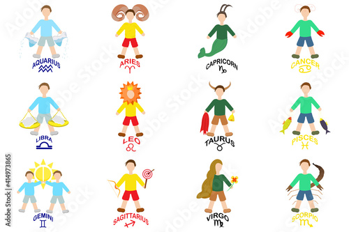 all zodiac signs are collected in a set and grouped by elements isolated on white background
