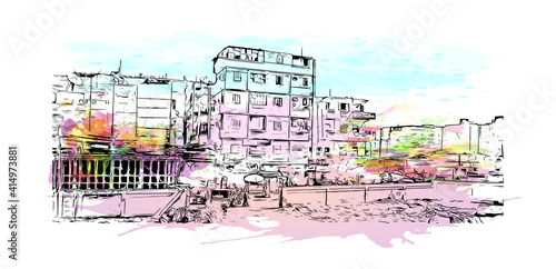 Building view with landmark of Cairo is the
capital of Egypt. Watercolour splash with hand drawn sketch illustration in vector.