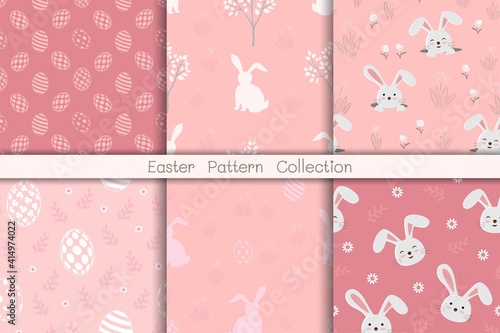 Set of Easter seamless pattern design with bunnies,Easter eggs and wildflowers © pakatip