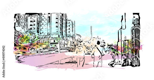 Building view with landmark of Cairo is the
capital of Egypt. Watercolour splash with hand drawn sketch illustration in vector.