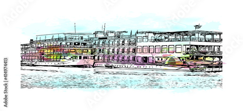 Building view with landmark of Cairo is the
capital of Egypt. Watercolour splash with hand drawn sketch illustration in vector.