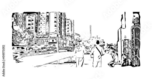 Building view with landmark of Cairo is the
capital of Egypt. Hand drawn sketch illustration in vector.