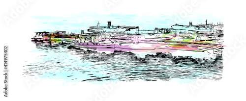 Building view with landmark of Cairo is the
capital of Egypt. Watercolour splash with hand drawn sketch illustration in vector.