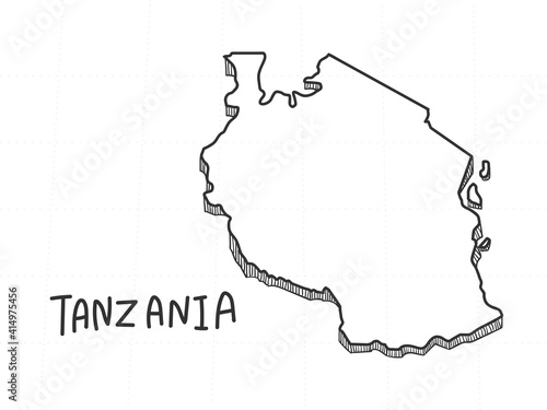 Hand Drawn of Tanzania 3D Map on White Background. 