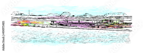 Building view with landmark of Cairo is the
capital of Egypt. Watercolour splash with hand drawn sketch illustration in vector.