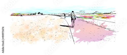 Building view with landmark of Cairo is the
capital of Egypt. Watercolour splash with hand drawn sketch illustration in vector.