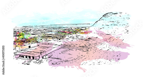 Building view with landmark of Cairo is the
capital of Egypt. Watercolour splash with hand drawn sketch illustration in vector.