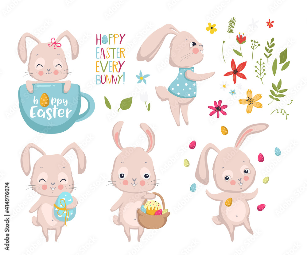 Happy Easter. Set of cute bunnies. Elements for greeting, invitation card. Vector illustration EPS10 Happy Easter. Set of cute bunnies. Elements for greeting, invitation card. Vector illustration EPS10
