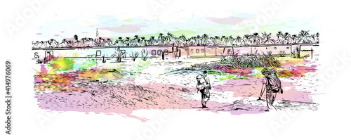 Building view with landmark of Cairo is the
capital of Egypt. Watercolour splash with hand drawn sketch illustration in vector.