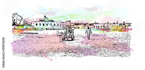 Building view with landmark of Cairo is the
capital of Egypt. Watercolour splash with hand drawn sketch illustration in vector.