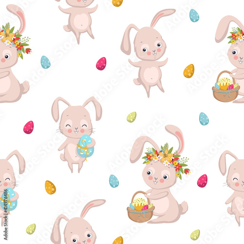 Easter seamless pattern with bunnies  eggs  easter pies and flowers on white background. Vector illustration