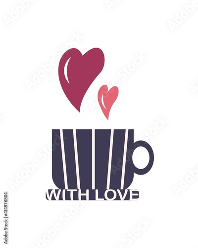 A coffee cup with a saucer, from which hearts fly out. With love - the inscription on the saucer. Vector illustration for design of a greeting card, poster or banner. modern design concept in flat sty