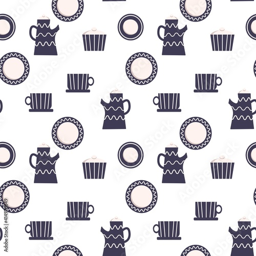 Seamless pattern with tableware. Teapot, milk jug, sugar bowl, cup, saucer, plate. Endless texture with dark crockery and ornaments on a white background. Vector illustration.