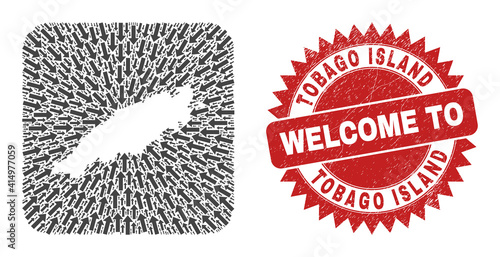 Vector mosaic Tobago Island map of immigration arrows and grunge Welcome seal. Mosaic geographic Tobago Island map designed as carved shape from rounded square shape with moving arrows.