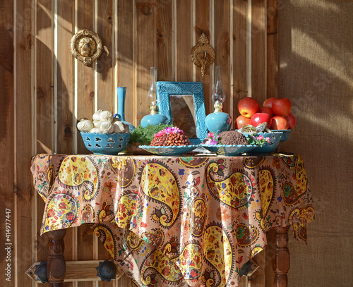 Haft-Seen, traditional table setting  of Nowruz, the traditional Iranian spring celebration