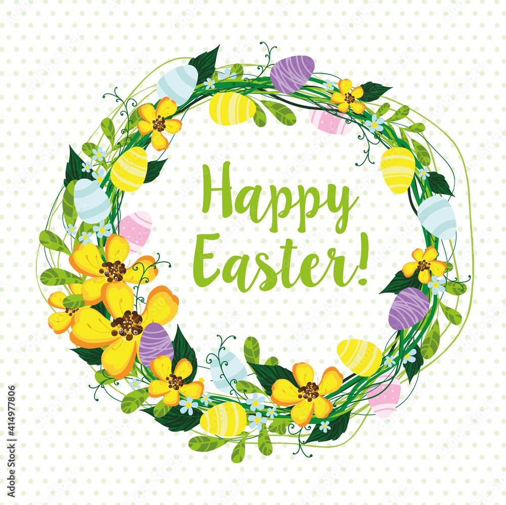 Fototapeta premium Easter wreath with flowers and eggs, vector illustration eps10