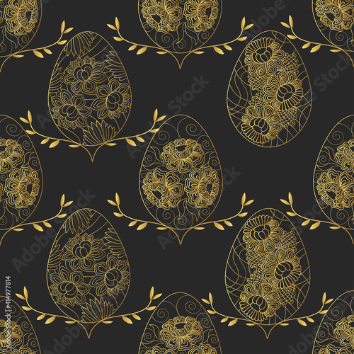 Seamless pattern with golden Easter eggs on a dark background. Floral decor. Excellent background, postcard, fabric.
