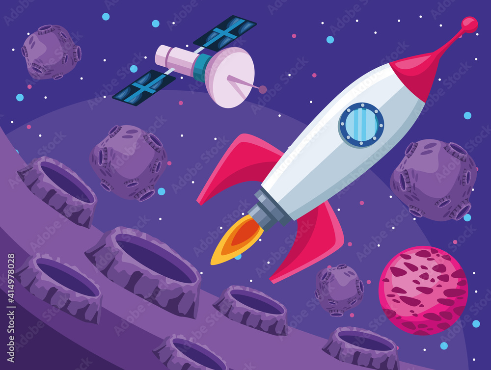 Naklejka premium rocket and satellite space universe scene