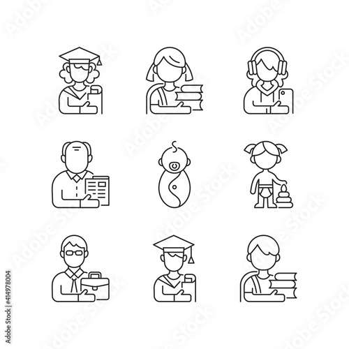 Age and gender differences linear icons set. Female and male student. Schoolgirl, schoolboy. Preschooler. Customizable thin line contour symbols. Isolated vector outline illustrations. Editable stroke