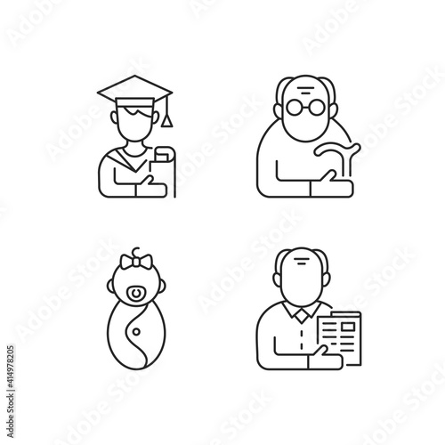 Aging process linear icons set. Male student. Pensioner. Early adulthood. Baby phase. Senior citizen. Customizable thin line contour symbols. Isolated vector outline illustrations. Editable stroke