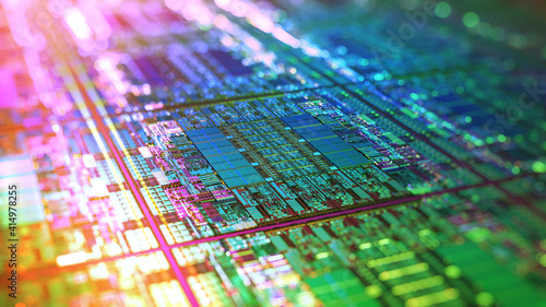 Iridescent Silicon Microchip Computer Wafer. 7nm, 5nm and 3nm manufacturing process. Semiconductor manufacturing of CPU, GPU, CMOS chip design.  Integrated circuit Die shot. 3D render. 