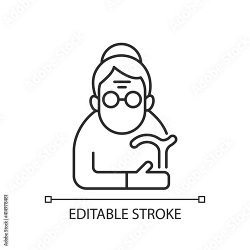 Female pensioner linear icon. Senile woman. Old-old age. Aging process. Person aged 90-and-older. Thin line customizable illustration. Contour symbol. Vector isolated outline drawing. Editable stroke