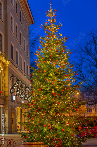 Beleuchteter Weihnachtsbaum in M  nchn bei Nacht  Bayern  Deutschland
