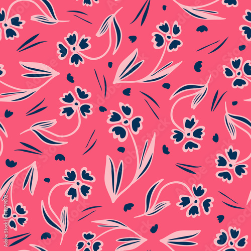 Folkloristic flowers with leaves seamless repeat pattern with pink background. Random placed, vector botany plant elements all over print.